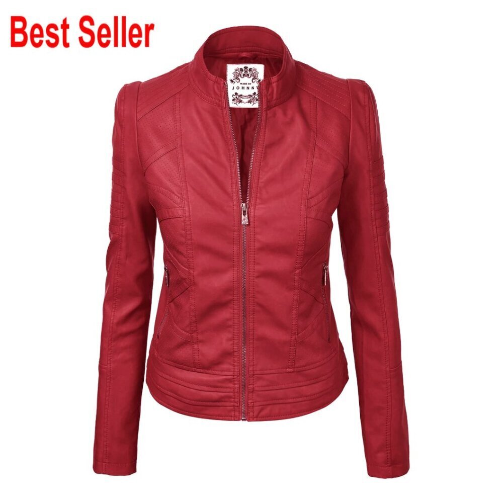 Faux Leather Moto Jacket with Zip Up and Stitching Detail